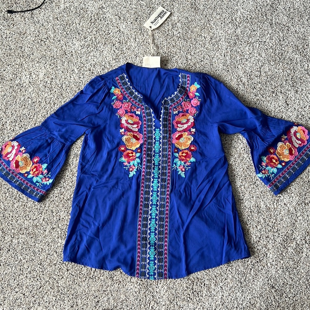 Blue Floral Embroidered Blouse